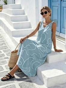 Vestido largo holgado con textura de lino y líneas abstractas para mujer - Azul marino - Ver 10