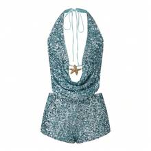 Women Summer Two Piece Outfits Shorts Set Polka Dots Print Halter Deep V Neck 3D Flower Crop Tank Top + Matching Shorts Set Slim Fitted Jumpsuit Party Clubwear Beachwear Y2K Streetwear - Xanh kim sa - Xem 7