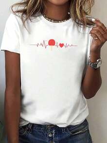 Camia With A Table Tennis Racket Print And Heartbeat Design, Short Sleeves, Round Neck, Casual Top For Summer And Spring, Women's Clothing. Suitable For Spring, Summer And Autumn. Suitable As A Gift. Women's T-Shirt. Blouses > Elegant. Boho Chic. Soft, Breathable And Comfortable Women's Top, Ideal For Spring, Summer And Autumn, Perfect For Vacations, Travel And Everyday Wear. - 白色的 - 查看 6