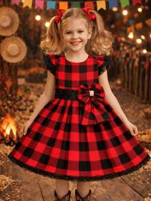 Girls' Junior Dress For June Festivals, Plaid, Country Style, Rodeo, Square Dance, Ruffled Skirt, Elastic, Short Sleeve, Ruffled Lace, Saint John's Day Events, Queen Of Popcorn, Adjustable, Full Skirt, Fashion, Themed Clothing, Country Style, Modern, Loose Fit, Lightweight, Comfortable Fabric, Typical Photoshoot, Classic, Traditional Print, Sophisticated Outfit, Versatile, Elegant, Blogger Style, Arraiá, With Bow, Glitter - Đỏ và đen - Xem 1