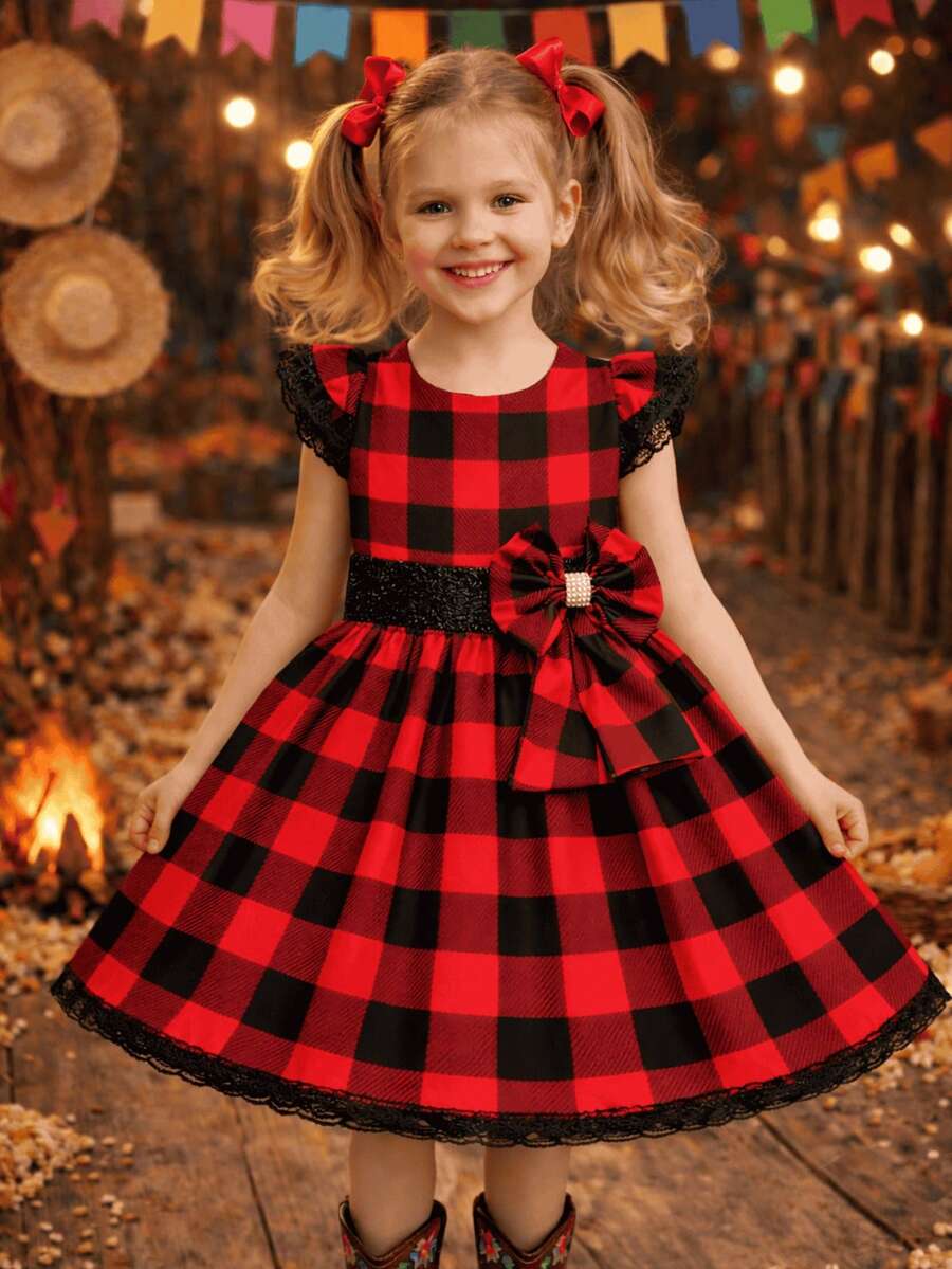 Girls' Junior Dress For June Festivals, Plaid, Country Style, Rodeo, Square Dance, Ruffled Skirt, Elastic, Short Sleeve, Ruffled Lace, Saint John's Day Events, Queen Of Popcorn, Adjustable, Full Skirt, Fashion, Themed Clothing, Country Style, Modern, Loose Fit, Lightweight, Comfortable Fabric, Typical Photoshoot, Classic, Traditional Print, Sophisticated Outfit, Versatile, Elegant, Blogger Style, Arraiá, With Bow, Glitter - Đỏ và đen - Xem 1