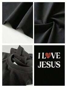 Men's 100% Cotton T-Shirt With Distressed "I Love Jesus" Graphic Print, Perfect For Everyday Wear By Christian Men, It's An Ideal Gift Option. - 黑色 - 查看 4