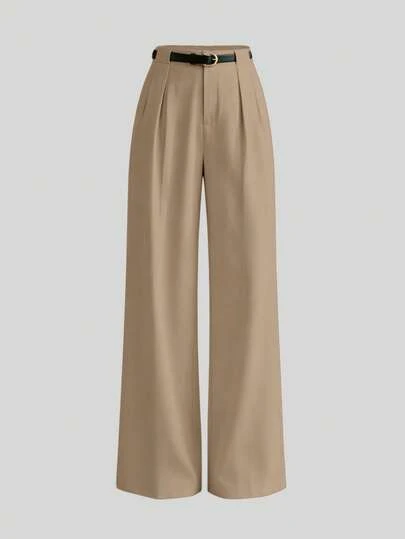 Mittelhohe, einfarbige, elegante Gerade-Bein-Hose mit Gürtel für den Frühling
