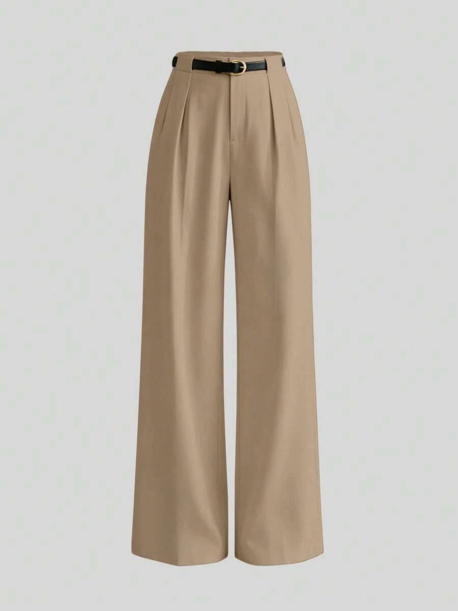 Pantalones rectos de cintura media de unicolor y elegantes con cinturón para primavera - Caqui - Ver 1