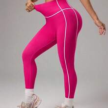 guangzhougaolangshangmao Slayform Leggings de cintura alta con estampado de letras para mujer, de uso casual y fitness - Rosa Fucsia - Ver 6