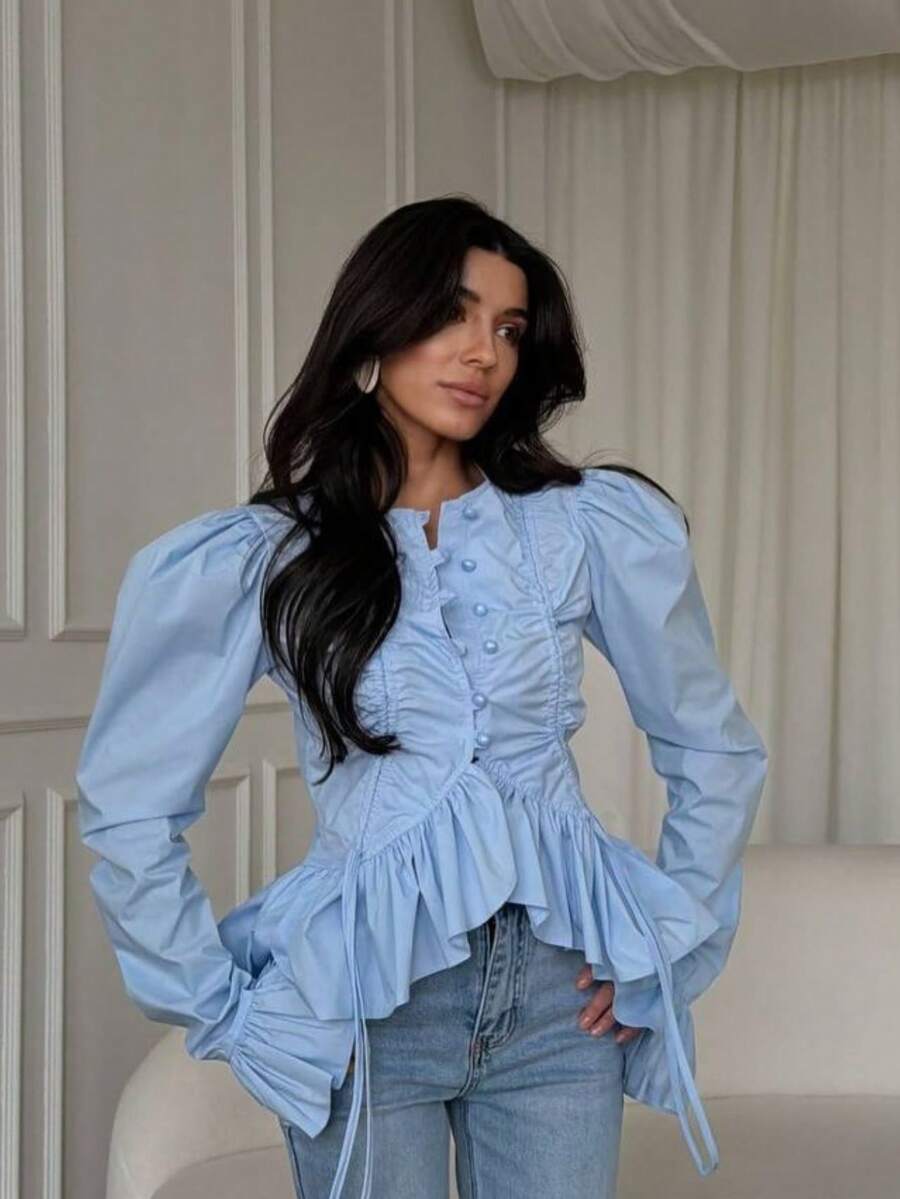 Spring 2026 Blouse With Pleats, Flared Sleeves And Irregular Ruffles, Elegant Exclusive Design - 藍色 - 查看 1