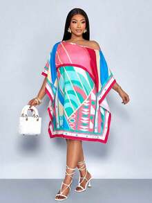 Vestido de mujer de talla para primavera y verano, elegante y para vacaciones casuales, vestido de longitud media con hombros inclinados, hombros asimétricos, pañuelo cuadrado off shoulder, vestido con patrón de rayas en bloque de color negro y blanco, impresión de posicionamiento, impresión tejida, adecuado para uso diario, compras, citas, ropa de amigas, ropa de invitados de boda, ropa de vacaciones, digno y adinerado, vacaciones de lujo tranquilo - Rosa 3 - Ver 4