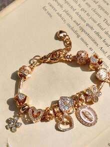 1 Religious Bracelet With Virgin Mary Charm, 1 Religious Bracelet With Cross, 1 Sakura DIY Fashion Bracelet, 1 Fashion Bracelet With Heart-Shaped Padlock And Key. - 粉色 - 查看 4