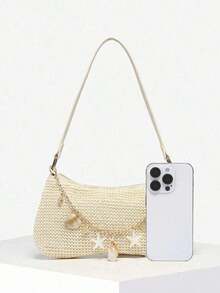 1pc Women's Vintage Resort Ocean Faux Pearl Cherry Faux Fur Tail Woven Crossbody Bag, Suitable Dates, Outings, Vacations - Beige - View 4
