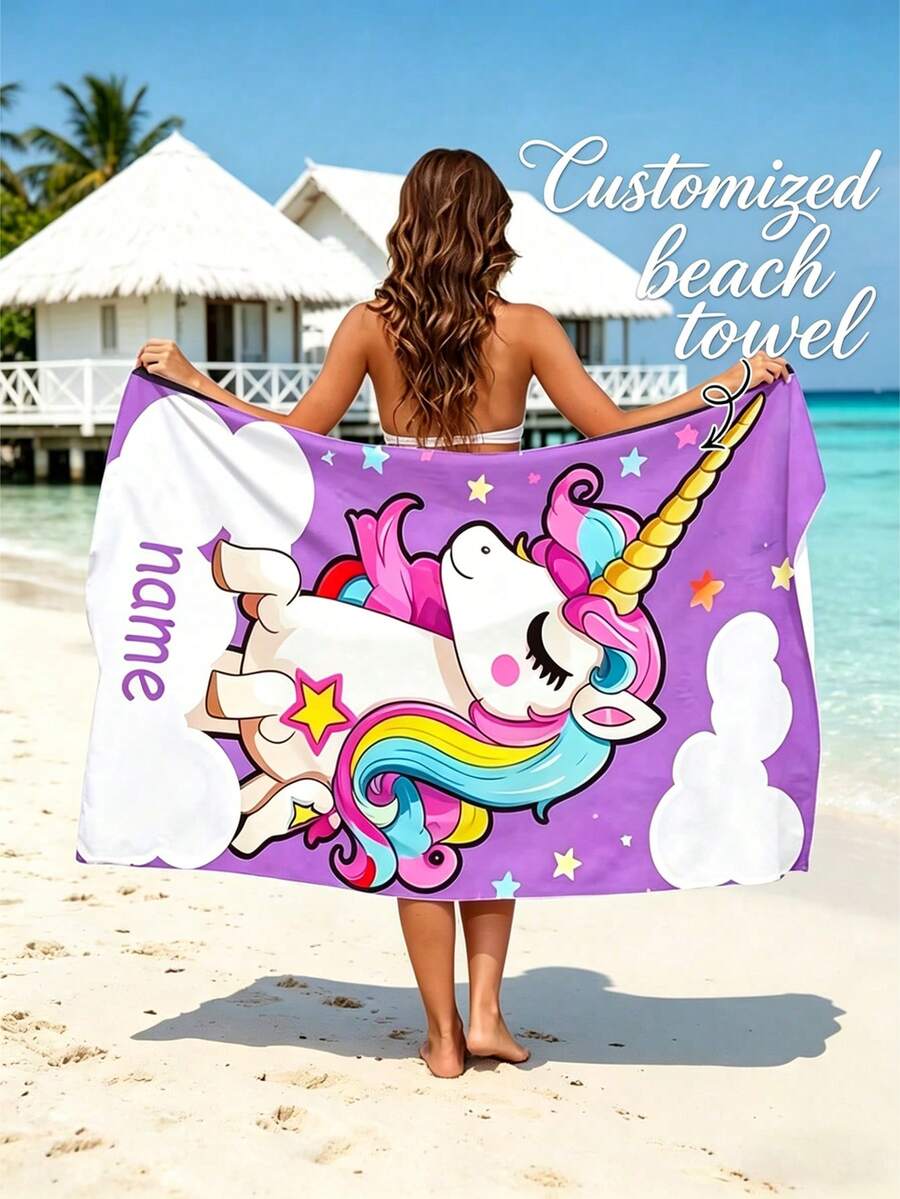 Personalized Name Beach Towel, Cute Cartoon Rainbow Unicorn Star Print, Quick Dry Microfiber Towel For Girls Summer Beach Swimming Holiday - Multicolor - View 1
