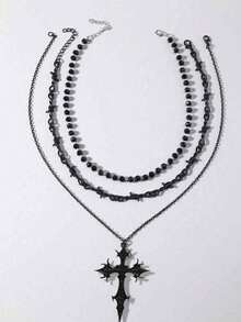 Set de 3 collares de estilo gótico oscuro, colgante de cruz de llama, cuentas negras, cadena de espinas, collar minimalista de lujo personalizado, collar gótico Y2K para mujeres - Negro - Ver 3