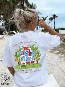 Bunny 'DtMF', Fun Puerto Rican Print, Women's Loose T-Shirt 100% Cotton, Summer Clothing, Plus Size Summer Top, K-Series, Cotton Tops, Women's Clothing, Women's Summer Clothing, Knitwear, Party Dresses, Women's Plus Size Clothing, Women's Loose Crew Neck Top, Best Friend Dresses, Vacation Clothing, Casual Activewear, Dressy Tops, Women's Sportswear, Women's Tops, Women's Promotional Clothing, Unisex, Teen Clothing, Basic T-Shirt, Women's Summer Clothing, Soft And Comfortable, Summer, Winter, Spring, Festival, Eid Al-Fitr, King's Day, Mother's Day, Parties, Beach, Weddings, Graduation Ceremonies, Gym, Elegant, Casual, Vacation, Sports, Luxury, Formal, Ruffles, Polka Dots, Tassels, Floral, Graphic, Leopard Print, Women's Summer Outfit - White - View 2