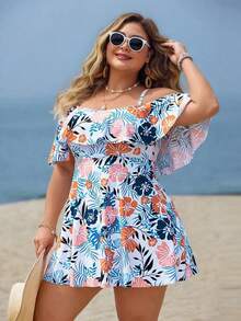 Swim Lushoire Traje de baño de 2 piezas para mujer de talla grande, estilo casual de resort, con impresión aleatoria, tirantes tipo espagueti, volantes en los hombros, cintura con trabilla y falda de línea A con abertura lateral - Multicolor - Ver 6