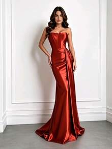 Satin Dress For Parties And Special Occasions, Strapless, Elegant - Terracotta - View 4