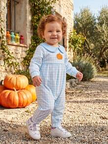Mono de Halloween para bebé niño/niña, a cuadros, con calabaza bordada, manga larga, cuello de muñeca, mono burbuja, ropa infantil adorable para otoño. - Azul - Ver 3