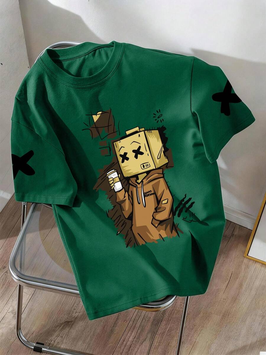 1pc Casual Loose Fit Graphic Tee Shirt For Teenage Boys, Cardboard Man Printed Short Sleeve Round Neck T-Shirt, Sporty Style, Perfect Summer Gift For School And Outdoor Wear, Suitable For Spring/Summer - Dark Green - View 1