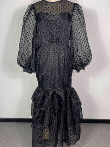 Temperament Fashion Bubble Flocking Polka Dot Sexy Large Size Dress - 黑色 - 查看 6