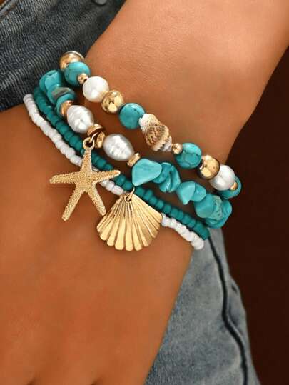 Pulsera con estrella de mar y concha de estilo resort de playa de estilo europeo y americano, accesorio de muñeca minimalista y versátil de moda