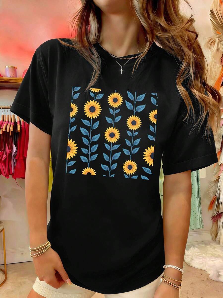 Camiseta casual en algodón con stampa di girasoli, 100% cotone, girocollo, vestibilità comoda, stampa artistica - Negro - Ver 1