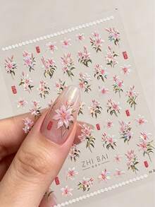 Spring Chinese Style Lily Nail Stickers, 5D Embossed Watercolor Floral Design, Nail Tech Must Have Self-Adhesive Manicure Accessories 1sheet - Baby Pink - View 3