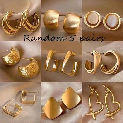 VKME Set de 5 pares de aretes geométricos de estilo coreano minimalista y de lujo con patrones metálicos aleatorios