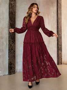 Roveilla Vestido maxi elegante de encaje con cuello en V y pliegues, vestido de boda bohemio para invitados, vestido maxi de manga larga para mujer, vestido maxi burdeos largo estilo bohemio, vestido largo para fiesta de mujeres con mangas farol, vestido maxi bohemio para mujer - Burdeos - Ver 7