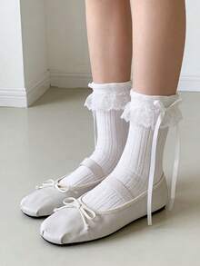 1/3 Pairs Thin Lace Trim Bow Decor Sweet Ballet Style Mid-Calf Socks, Spring/Summer - Multicolor - View 4