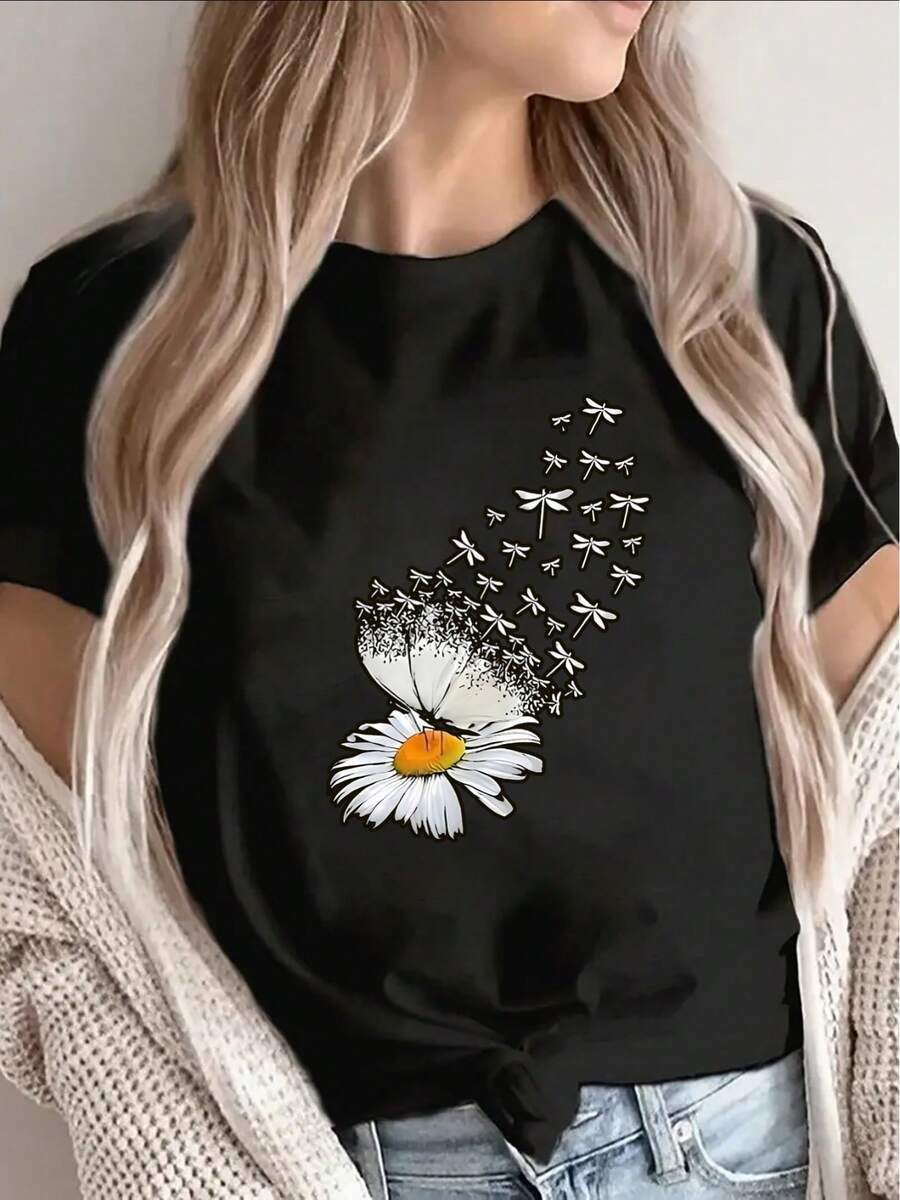 Lightweight And Durable Short-Sleeved T-Shirt With A Daisy And Dragonfly Design, Perfect For Home Or Casual Outings, Offering A Comfortable Everyday Wearing Experience - Unisex Loose Cotton Short-Sleeved T-Shirt With A Round Neck In An Urban Vintage Style. - 黑色 - 查看 1
