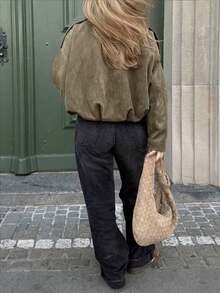 Vintage Distressed Style Lapel Zipper Jacket, Oversized Silhouette Flattering Slimming Autumn/Winter Versatile Jacket Top - Army Green - View 6