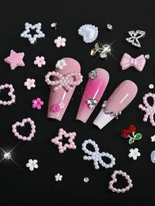 1盒Y2K風格3D ABS珍珠心形蝴蝶結美甲裝飾，12格3D合金蝴蝶與櫻花不對稱平底水鑽美甲飾品，粉色白色紫色樹脂花朵平底水鑽美甲吊飾DIY裝飾 - 彩色 - 查看 9