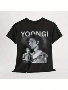 YOONGI Unisex Graphic T-Shirt | Eye-Catching White Retro Celebrity Style T-Shirt With Lettering And Portrait Prints | Casual Crew Neck, Short Sleeves, Perfect For Music Lovers, Slightly Stretchy Fabric, Regular Fit, Ideal For Summer. - Vintage Street Style Unisex Loose Cotton Short Sleeve Crew Neck T-Shirt - 黑色 - 查看 8