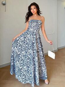 Vestido largo de mujer con estampado floral azul y blanco, de estilo casual y elegante, con tirantes finos y espalda descubierta, ideal para vacaciones y días de verano - Multicolor - Ver 9