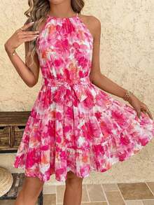 Vestido de Verano Clasi con Estampado Floral, Cintura Elástica y Volantes en el Bajo - Rosa - Ver 3