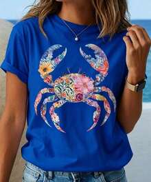 Flower Crab - A Must-Have New Product For Summer - Suitable For Spring And Summer - Comfortable Casual T-Shirt For Women With Round Neck For Spring And Summer - Soft Touch, Ideal Gift For All Occasions - Casual T-Shirts 2026 - White Top - Summer Tops For Women - New Summer Outfits For Women 2026 - Washable T-Shirt For Women - 藍色 1 - 查看 2