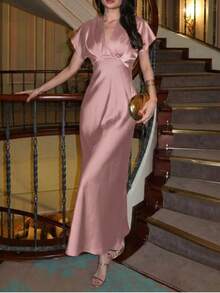 Elegant Women's Long A-Line Dress, Deep V-Neck Knitted Fabric, Ruffle Sleeves, Flared Hem Design, Twist Detail, Suitable For Party Wear Summer Pink - Pink - View 1