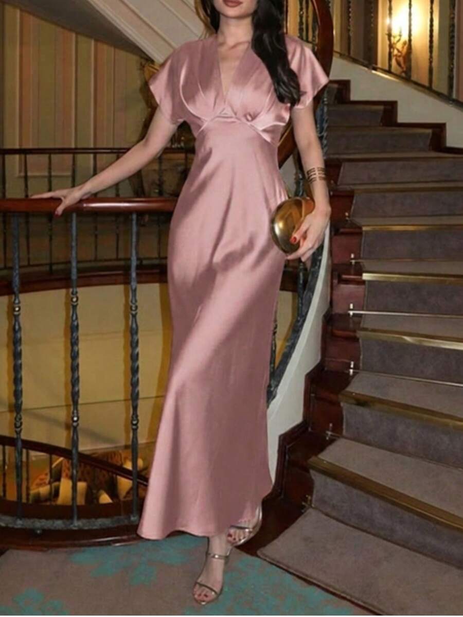 Elegant Women's Long A-Line Dress, Deep V-Neck Knitted Fabric, Ruffle Sleeves, Flared Hem Design, Twist Detail, Suitable For Party Wear Summer Pink - Pink - View 1