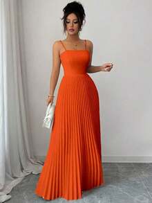 Vestido largo de mujer de unicolor, plisado, elegante, con cintura ceñida y tirantes, adecuado para fiestas y salidas - Amarillo claro - Ver 10