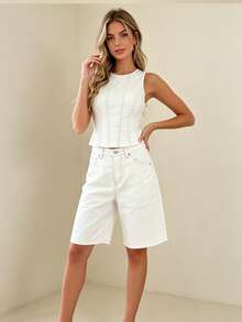 Women Loose Fit Denim Shorts Elegant Solid Color Zip Fly with Button Closure Knee Length Bermuda Jean Shorts for Beach Daily Wear - Blanco - Ver 3