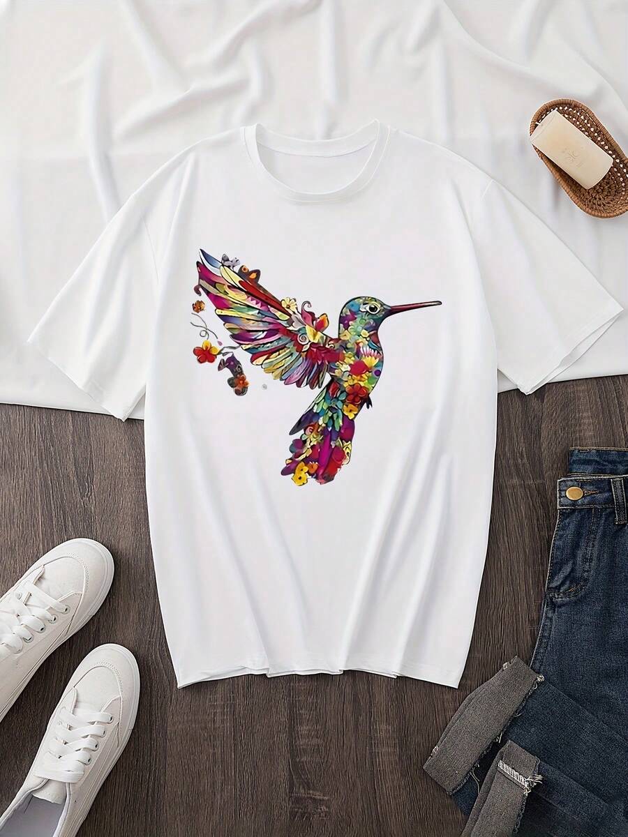 Women's T-Shirt: A Casual Women's T-Shirt With A Vibrant Hummingbird Print, Made Of Knit Fabric, Featuring A Round Neck Design, Regular Length, Animal Motif, And Comfortable Enough To Wear All Year Round. - 白色 - 查看 1