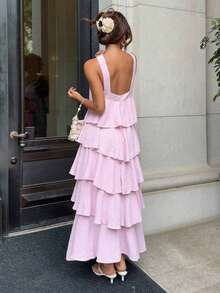 Vestido sin mangas con volantes en el bajo para mujeres, vestidos de verano para mujeres - Rosa - Ver 2