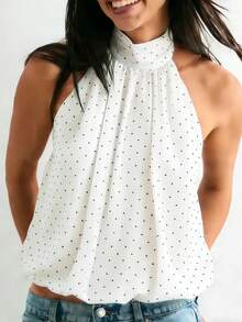 Women Cute Puffy Halterneck Top Sleeveless Open Back Tank Tops Fashion Button Neck Crop Tops Summer Y2K Loose Vest For Club Party Streetwear Going Out Outfit - Chấm bi trắng - Xem 4