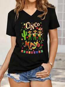 Cinco De Mayo Mariachi T-Shirt, Vibrant Mexican Design, Perfect For Everyday Wear, Outdoor Activities, Or As A Gift, Suitable For Easter, Mother's Day, Anniversaries, And Other Occasions. 100% Cotton. - 黑色 - 查看 1