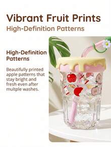 Gelas Kaca Warna Krem dengan Motif Apel Lucu, Dilengkapi Sedotan Dekoratif dan Tutup Silikon, Gelas Air Sedotan Kapasitas Besar yang Cantik dan Lembut, Cocok untuk Kopi Dingin, Teh Buah, Sempurna untuk Penggunaan di Rumah dan Kantor - MultiWarna - View 6