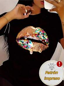 Women's Short Sleeve T-Shirt - 2D Heat Transfer Teardrop Lips Print - Spicy Girl Style Round Neck Top - Summer Urban Fashion, Casual And Versatile Basic - Women's Fashion - 黑色 - 查看 4