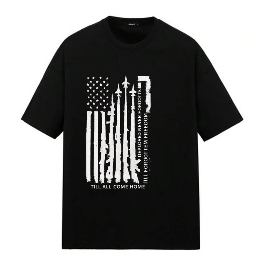 Short-Sleeved T-Shirt With Patriotic Flag And Weapons Print, Ideal For Wearing At Home, On The Street, In The Park, At Sporting Events, Parades, Regular Fit, Casual Style, Comfortable And Breathable. - 黑色 - 查看 1