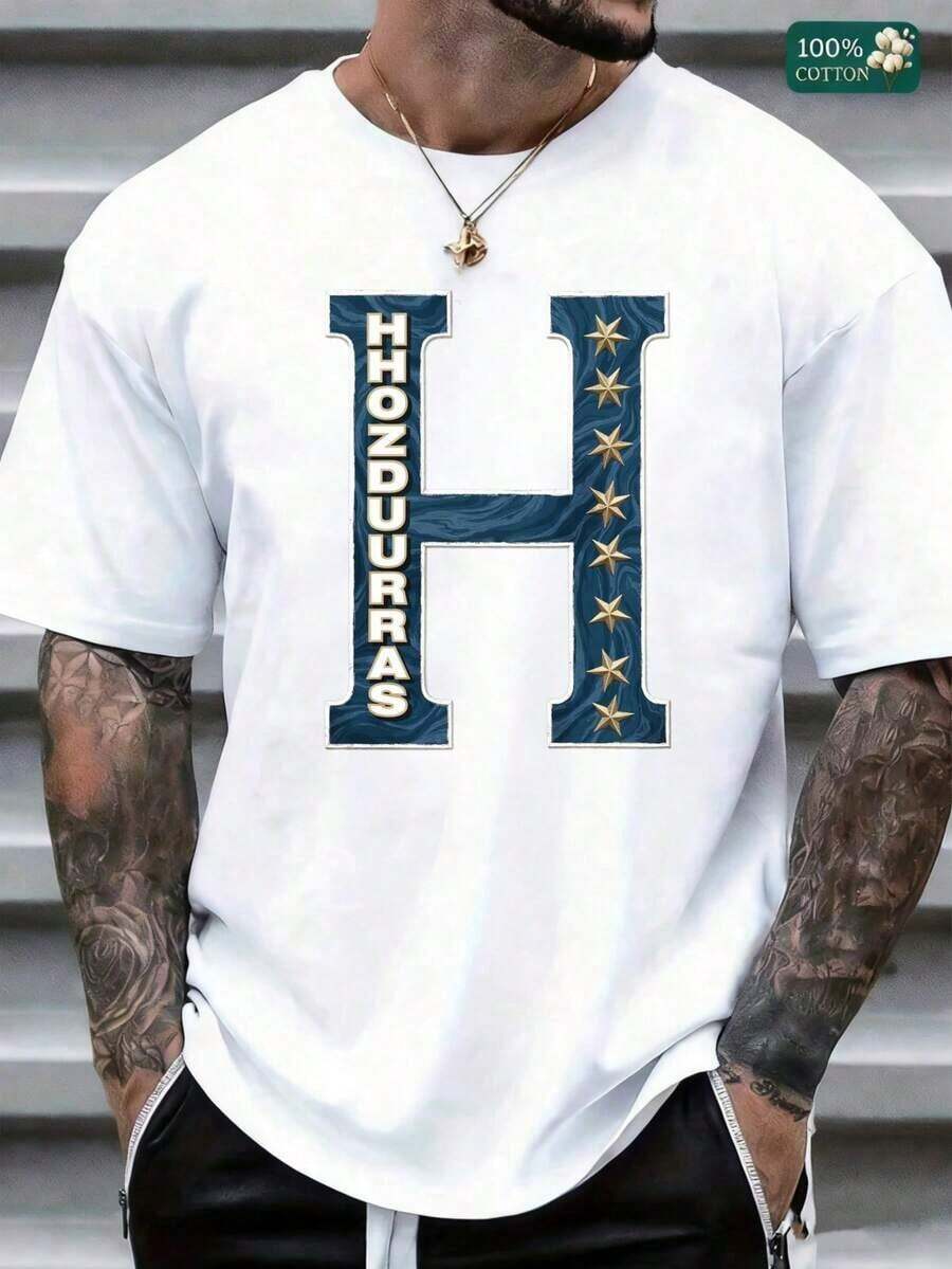 New Unisex, Modern, And Casual Black Cotton T-Shirt For Men, Featuring A Sporty "Pride Of Honduras" Design, A Fun Print, A Crew Neck, And Short Sleeves. Suitable For: Sporting Events, Holiday Parties, Outings, Sports, And Other Holiday Gifts. - 白色 - 查看 1