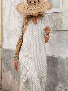 Vestido de mujer con estampado todo sobre cuello en V y mangas con volantes para vacaciones - Blanco - Ver 6
