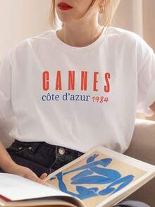French Riviera Style T-Shirt, French Themed T-Shirt With Letter Print, Casual Short Sleeve Round Neck Top For Summer And Spring, Women's Clothing 100% Cotton. - 白色 - 查看 7