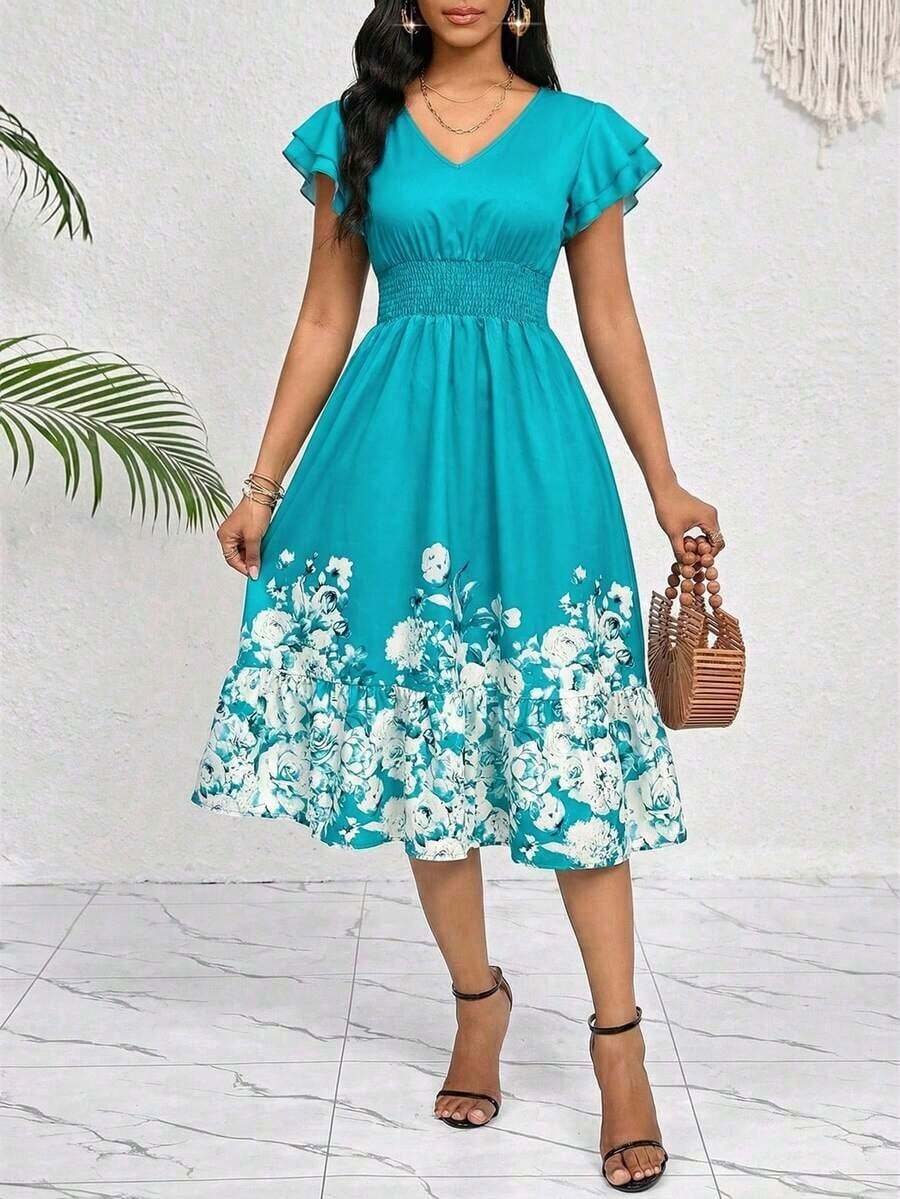 Vestido midi casual Lady, cuello V, mangas con volantes, cintura fruncida, estampado floral, verano - Light Beige - Ver 1