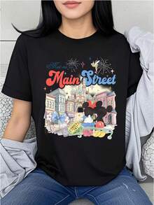 Disney Mickey And Minnie Mouse Print Women's T-Shirt, Casual Fashion Round Neck Short Sleeve Summer Top,  Preppy Style Cartoon Breathable Sweatshirt, For Outdoor And Daily Casual Wear - màu đen - Xem 1
